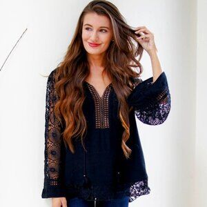 NEW Hale Bob Black Lace Cut-Out Tunic Top